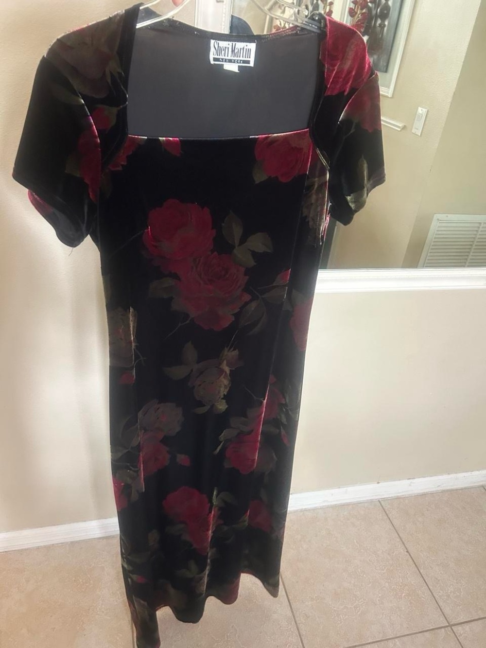 Sheri Martin Black Velvet Dress with Red Rose Print and Square Neck
